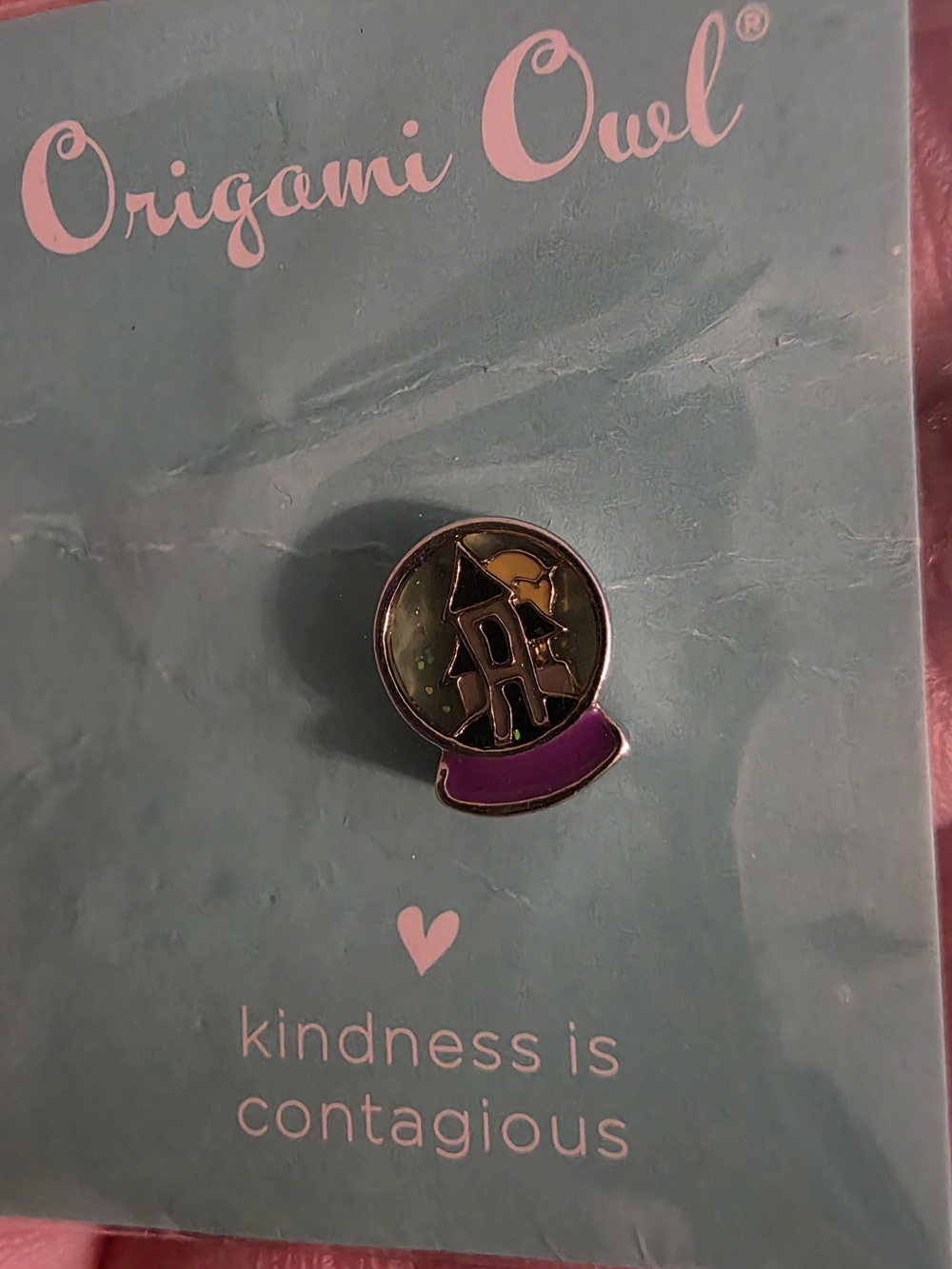 Origami Owl Haunted House Snow Globe Enamel Pin - Purple & Green